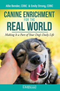 A book with a yellow background and teal lettering with a brown dog leaning into a hand, being petted. Title reads: Canine Enrichment for the Real World: Making it a Part of Your Dog's Daily Life
