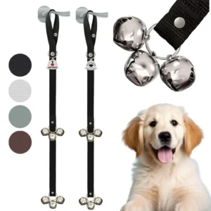 A puppy sitting next to metal bells strung on a flat line hanging from a door handle.