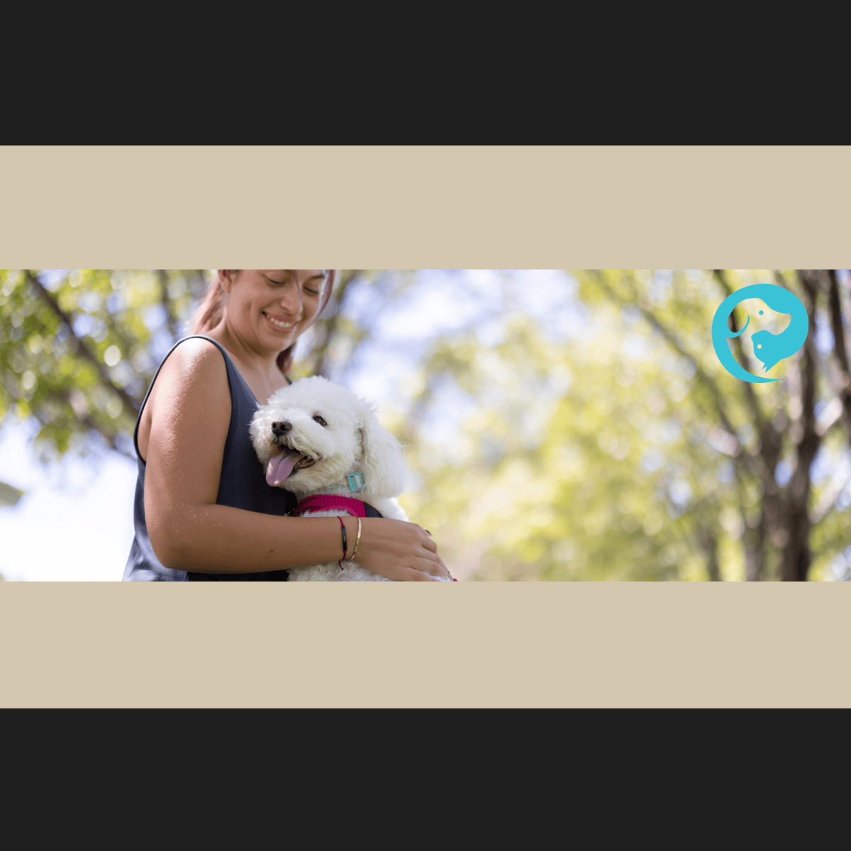 A woman smiling outdoors with her fluffy white dog climbing into her lap. Dog listens to one partner but not the other.