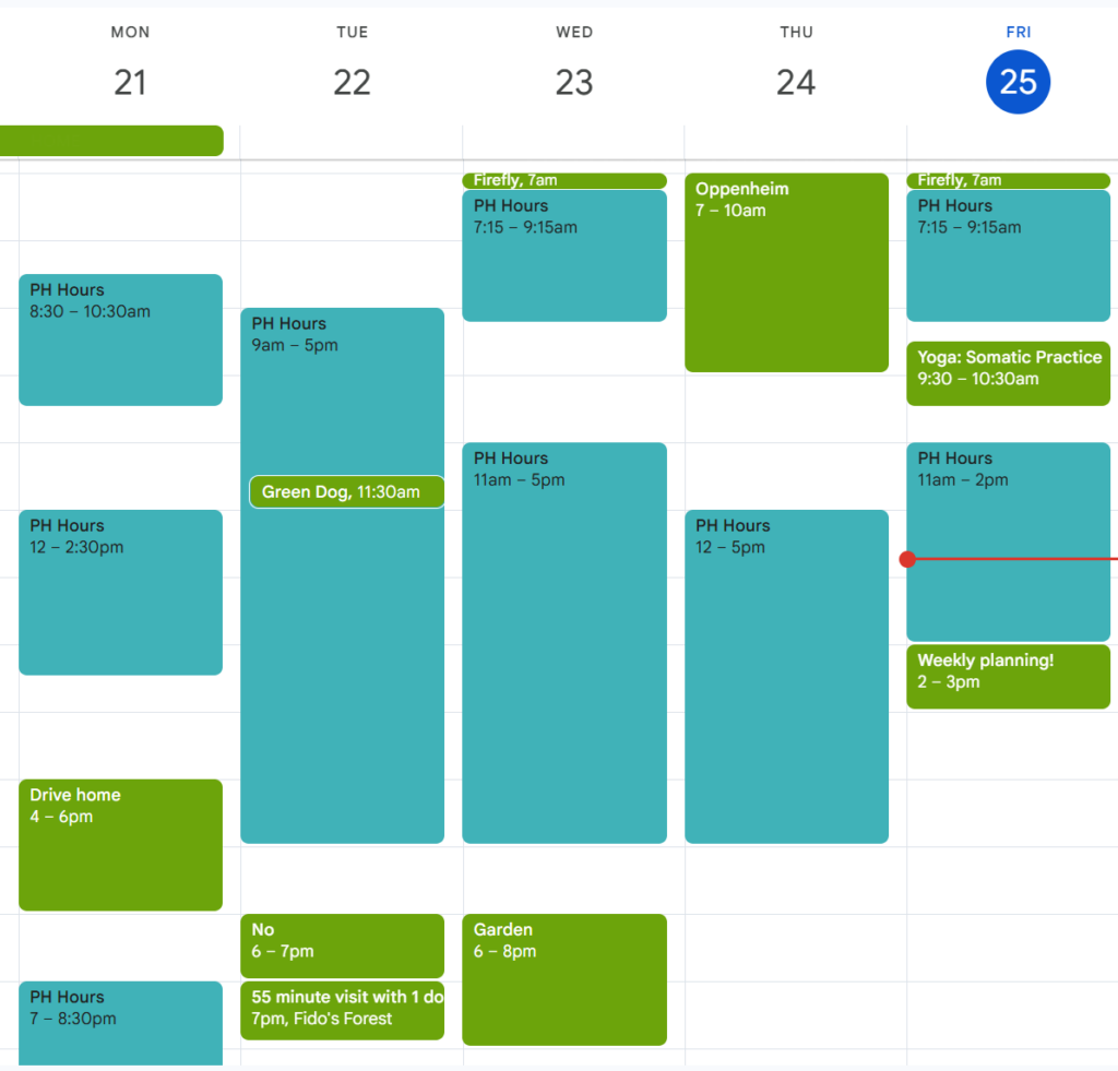 A calendar screenshot shows a typical week with time blocked for Petey's longer activities and Tiffany's work hours.