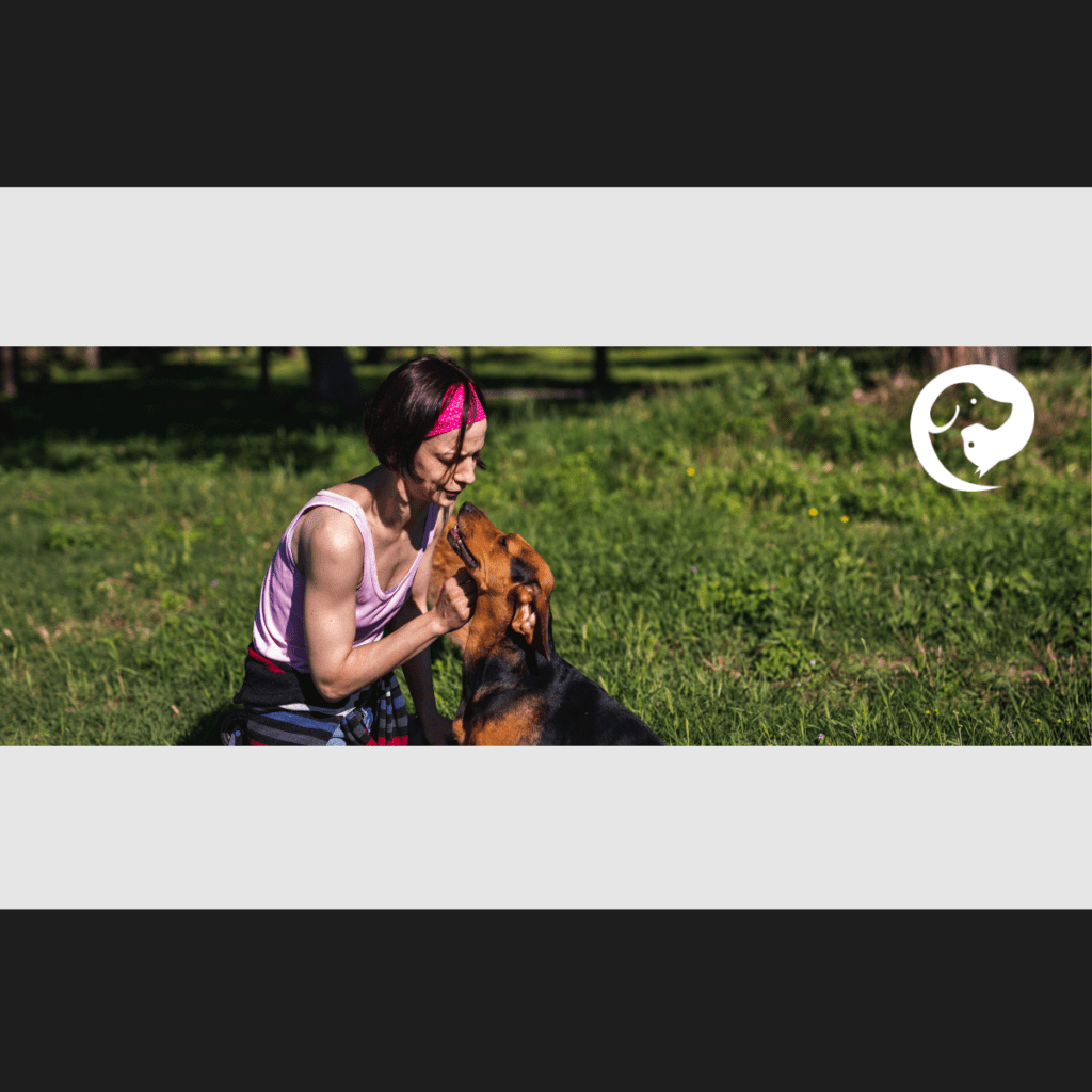 A brown dog next to a kneeling person, looking at each other, sharing a calm moment