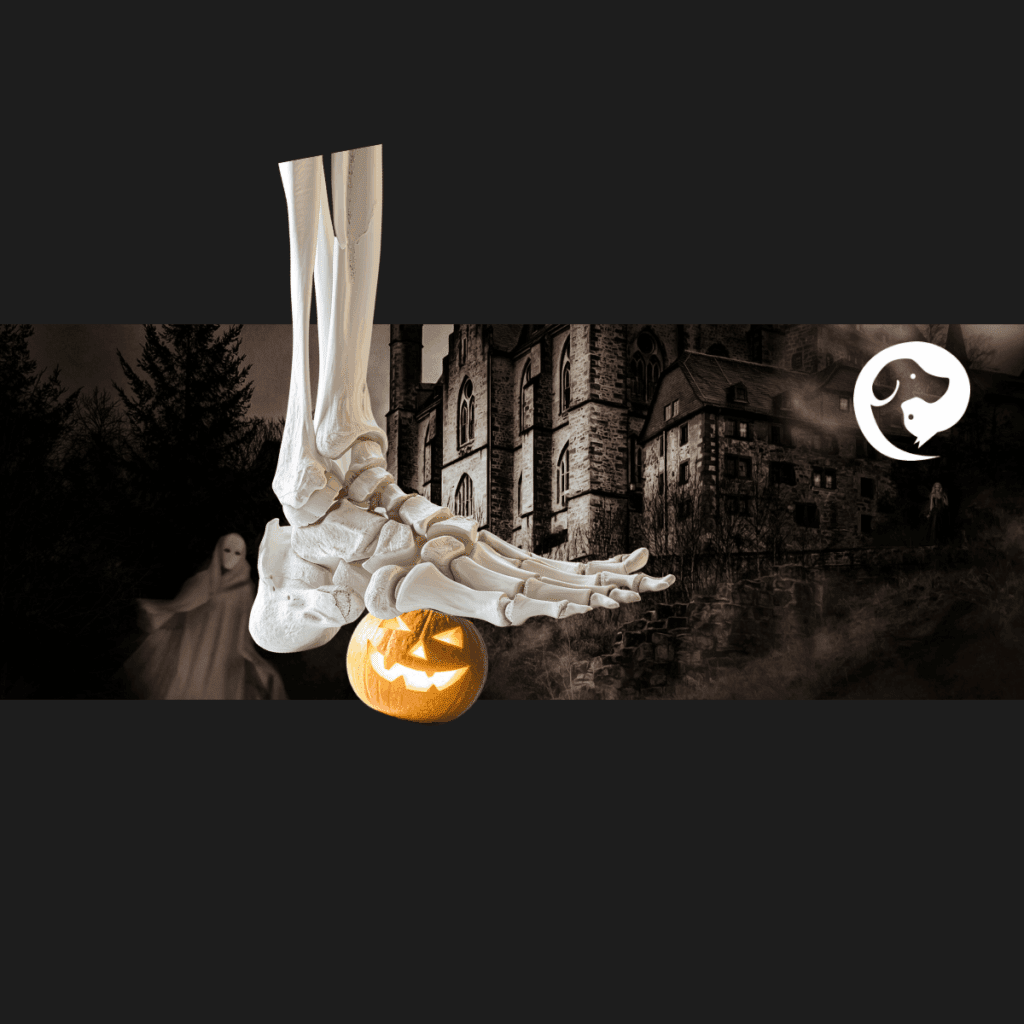 A haunted house with a skeleton foot stepping on a pumpkin in front.