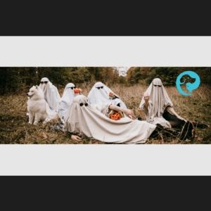 A group of people dressed like ghosts in a field with a dog.