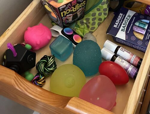 A small drawer full of fidget and other sensory items.