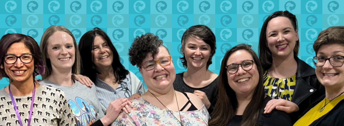 A group of 8 humans against a background of the pet harmony logo.