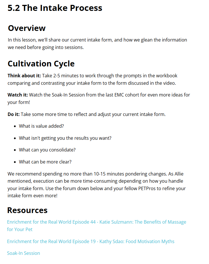 A screenshot from a PETPro lesson. Synopsis of text: 5.2 The Intake Process. An overview of the materials, a Cultivation Cycle in which the participant can implement what they have learned, and a list of resources.