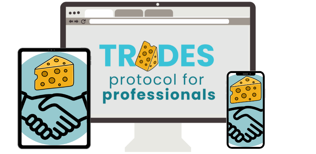 A stylized illustrated image of a tablet, computer screen, and phone with logos from the Trades course. Text on monitor image reads: Trades Protocol for Professionals