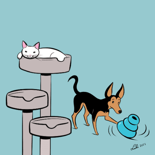 An illustration of a white cat in a cat tree and a black and brown dog playing with a toy.