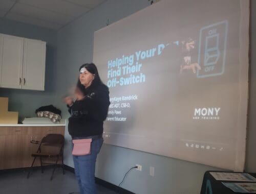 MaryKaye addressing a crowd at a shelter as she talks about enrichment to calm dogs down.