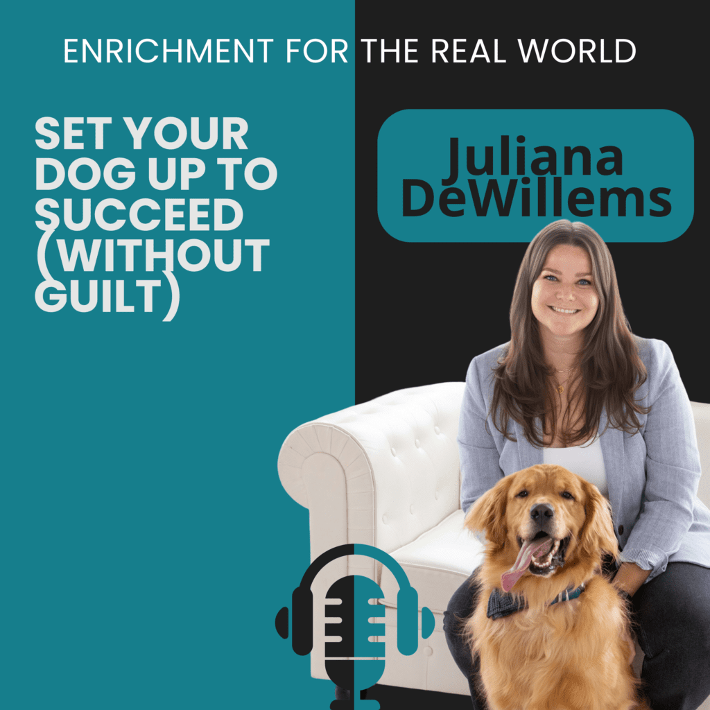 A woman with long brown hair sitting on a white couch in an all white room with a golden retriever in front of her. Text reads: Enrichment for the Real World: Set Your Dog Up to Succeed (Without Guilt)