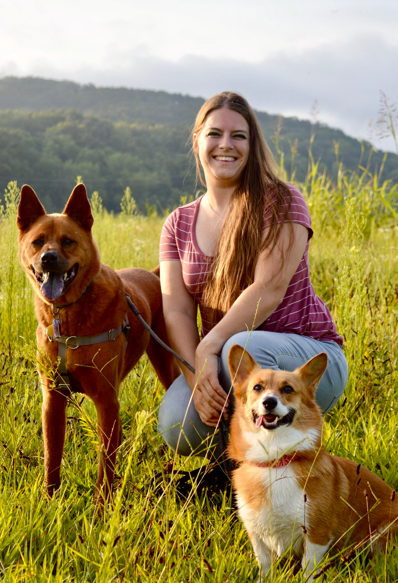 Beccy Hughes, VSA-CDT, force-free dog trainer, with her two dogs Tigerlily and Sully