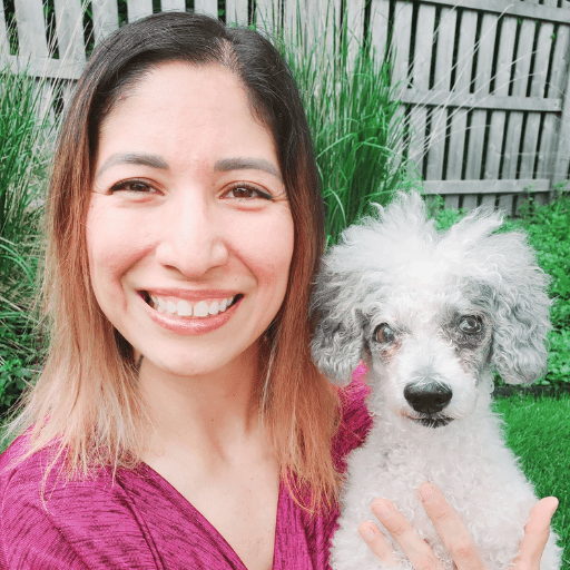 A woman holding a fluffy toy poodle with grey spots. Veronica Garcia, CVT and force-free dog behavior consultant at Pet Harmony, with her dog Dash.