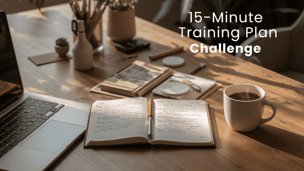 A notebook, laptop, and other office supplies on a desk with a cup of coffee. Text reads; 15-minute training plan challenge
