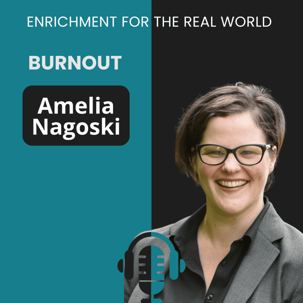 Headshot of a short-haired woman with glasses in a grey suit. Amelia Nagoski, DMA, Author of Burnout.