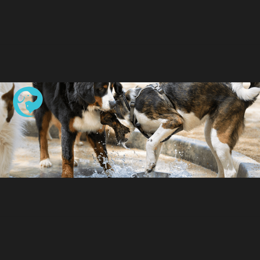 A group of dogs playing in water, a great way to exercise your dog without walking.
