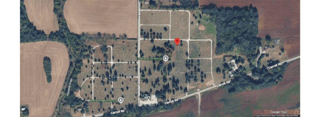 A screenshot from Google Maps displaying satellite images of a cemetery.