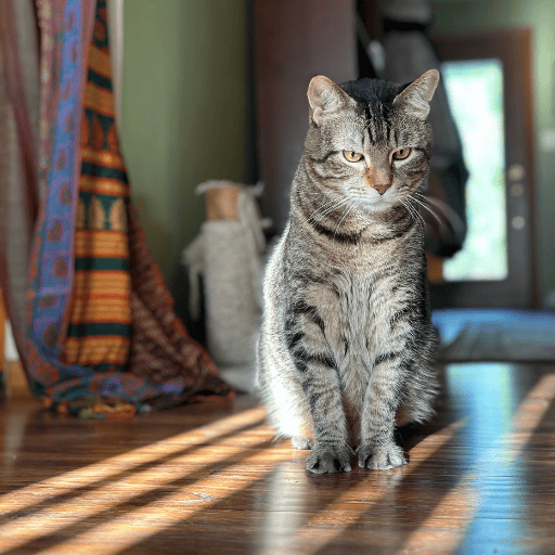 A handsome tabby cat sitting in front of his favorite sisal rope scratching post.