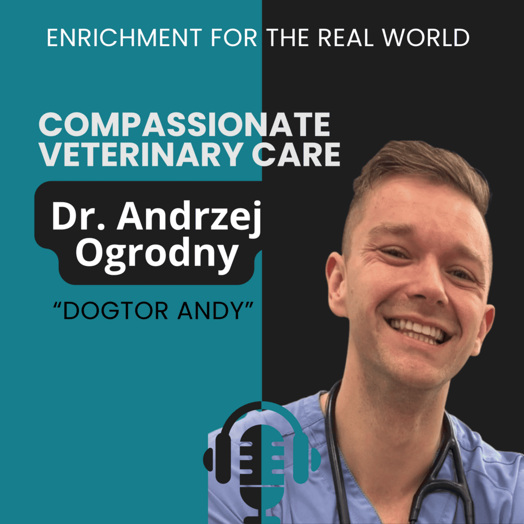 A man in scrubs smiling into the camera. Text reads: Compassionate Veterinary Care, Dr. Andrzej Ogrodny, aka Dogtor Andy.