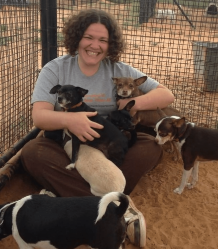 A person with dark curly hair sitting in a dirt pen with several small dogs.
