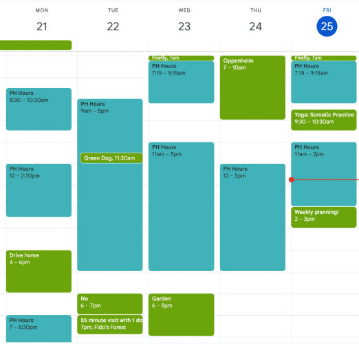 A calendar screenshot shows a typical week with time blocked for Petey's longer activities and Tiffany's work hours.