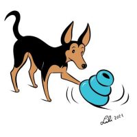 Illustration of a brown dog knocking a toy over with his front paw.