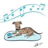 Illustration of a merle dog on a ble bed with musical notes swirling overhead.