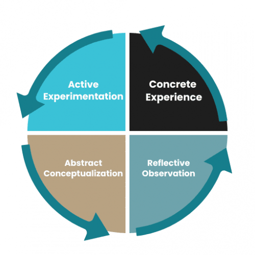 Visual representation of Kolb's Experiential Learning Cycle. A circle divided into four equal parts: Active Experimentation, Concrete Experience, Abstract Conceptualization, Reflective Observation. Arrows border the circle, indicating the cyclical nature of learning.