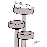 An illustration of a white cat resting atop a cat tree.