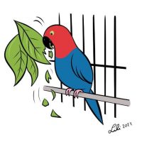 Illustration of a blue and red bird shredding a leaf.