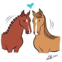 Illustration of two horses standing next to each other. There is a heart between them.